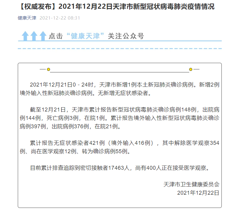 天津21日新增1例本土新冠肺炎确诊病例