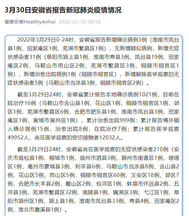 安徽新增确诊病例3例无症状感染者31例