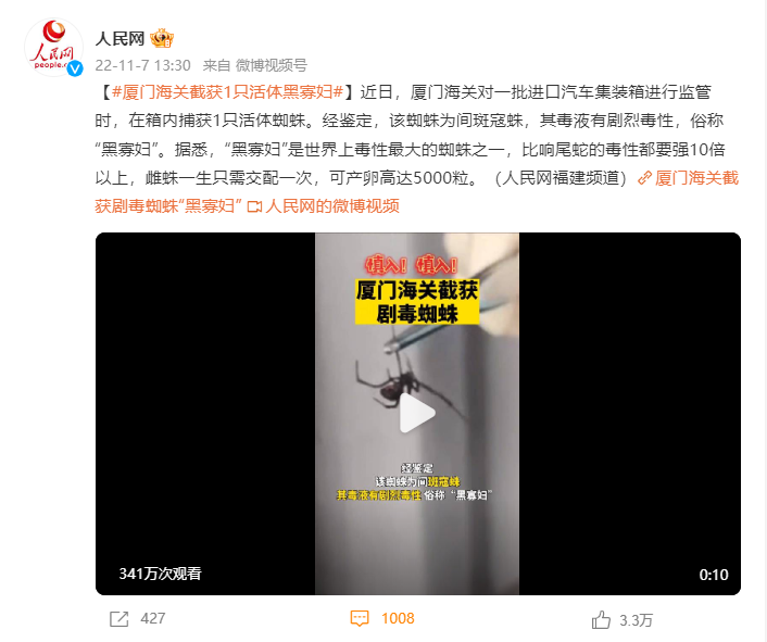 厦门海关截获1只活体黑寡妇：其毒性比响尾蛇强10倍以上