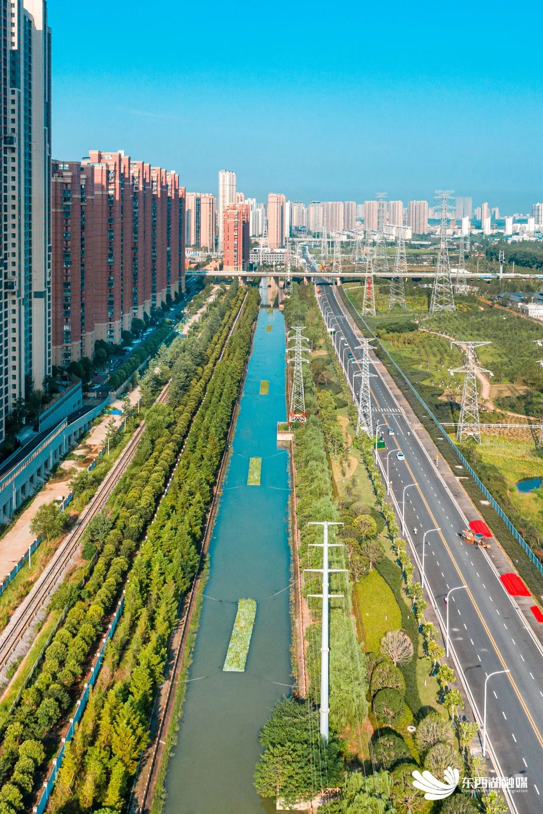 碧水大道,与金银潭大道和府河东西湖大堤并行而铺,武汉梧桐雨也同步