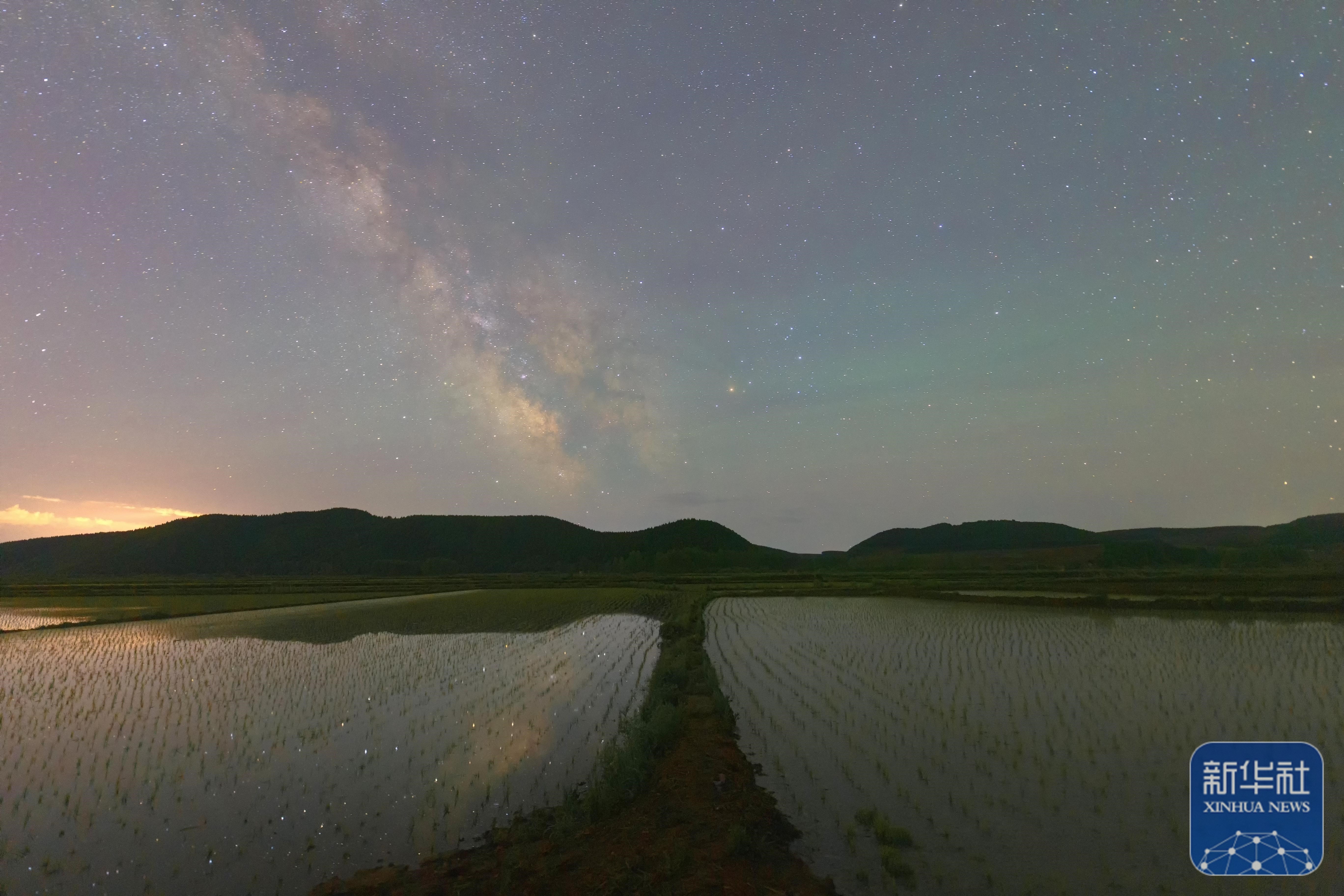 黑龙江省佳木斯富锦市的一处待插秧的稻田与星空相映成景