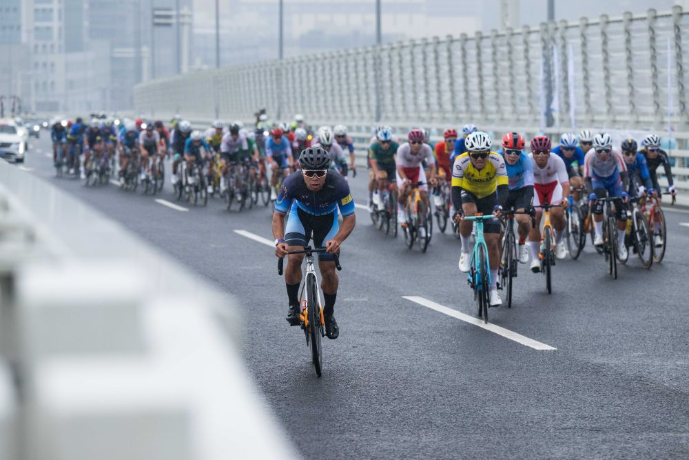 2024年11月24日，2024粤港澳公路自行车赛暨第十五届全国运动会公路自行车测试赛举行。图为参赛选手在澳门大桥骑行。新华社记者 张金加 摄