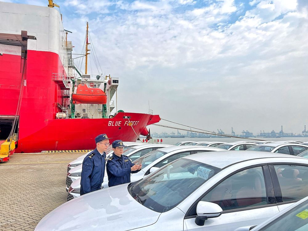 南沙海关关员在广州南沙汽车口岸对即将出口的国产汽车进行监管(新华社发)